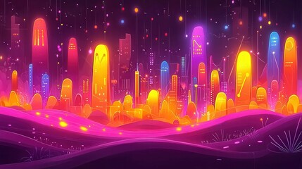 Poster - A vibrant cityscape with colorful, illuminated buildings in a dreamy background.