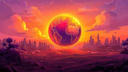 Poster - A vibrant depiction of Earth amidst a sunset sky and skyline, showcasing a colorful blend of nature and urban life.