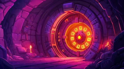 Poster - A vibrant cartoon-style depiction of a mysterious underground vault with glowing mechanisms and stone textures.