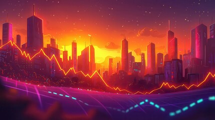Poster - A vibrant sunset cityscape featuring skyscrapers and a colorful graph against a beautiful skyline.