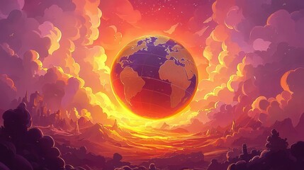 Poster - A vibrant stylized illustration of the Earth against a sunset backdrop, showcasing rich colors and imaginative elements.