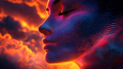 Wall Mural - Serene digital face, fiery sunset, meditation, AI art