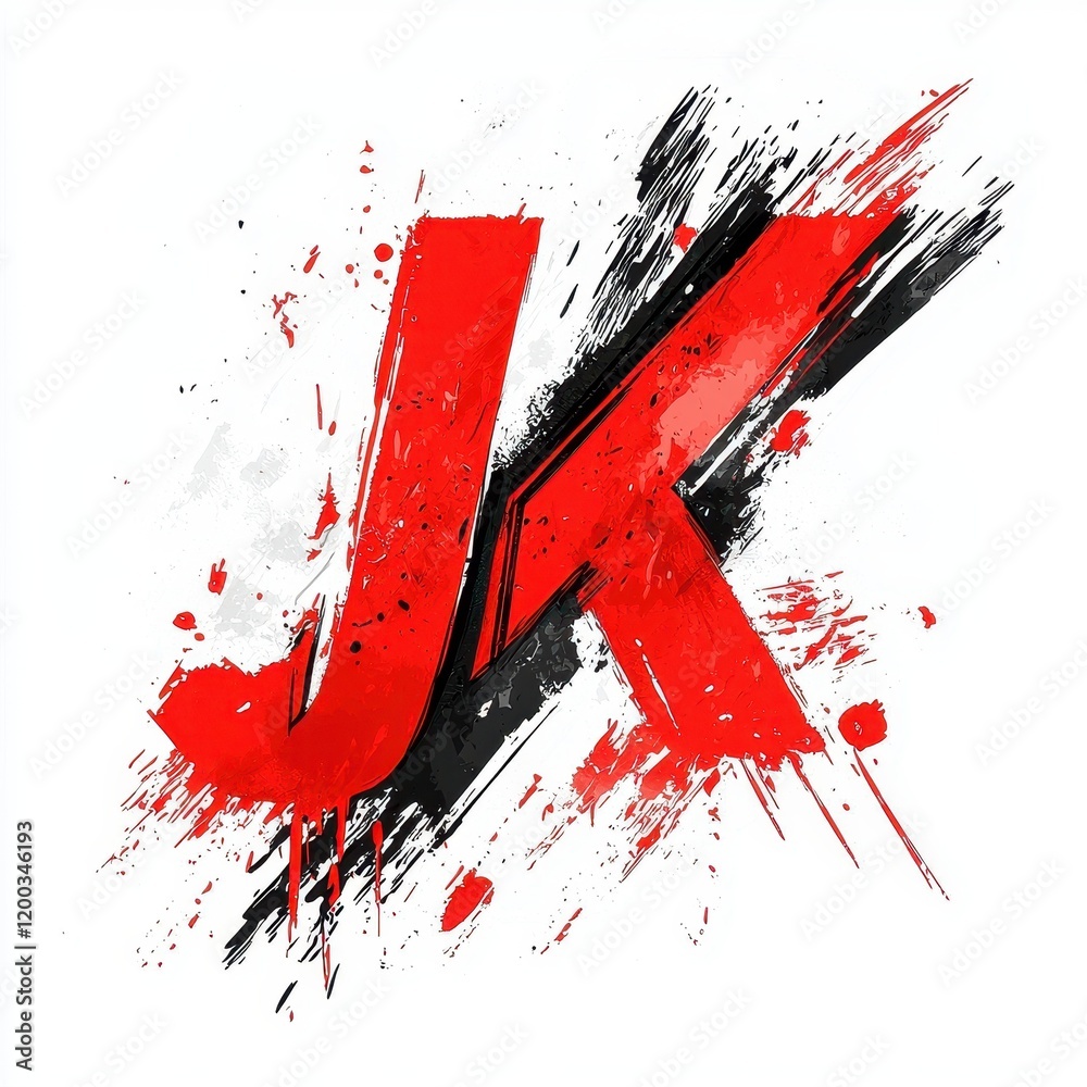 Dynamic JK typography with bold red letters and splattered black ink ...