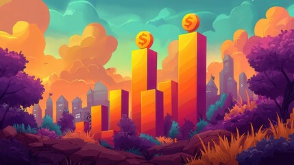 Poster - A colorful sunset scene featuring tall bar graphs symbolizing profit, with a vibrant city skyline in the background.