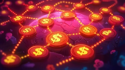 Poster - Colorful digital illustration representing global currency connections with dollar coins.