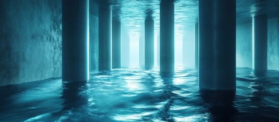 Underwater corridor with illuminated pillars and blue water.