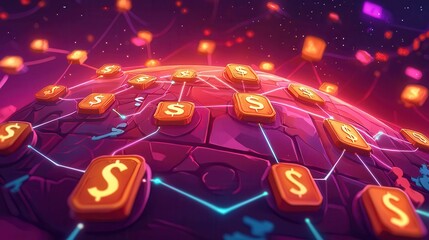 Poster - A colorful 2D animation depicting a stylized globe with currency symbols representing global finance.