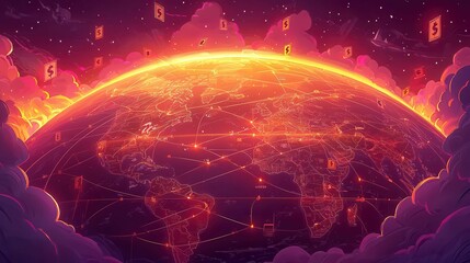 Poster - An imaginative depiction of a global network connecting continents with vibrant colors and abstract elements.