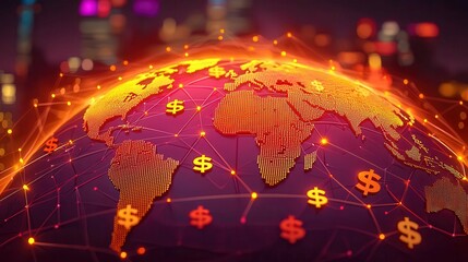 Poster - A digital representation of the world map with dollar signs, highlighting global financial connections.