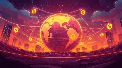 Poster - A vibrant 2D illustration depicting a glowing globe with connected dollar signs in a cityscape, symbolizing economic globalization.
