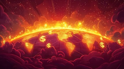 Poster - World illustration showing dollar signs and glowing continents, representing global finance.
