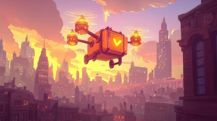 Poster - A cartoon-style flying drone in a vibrant cityscape at sunset.