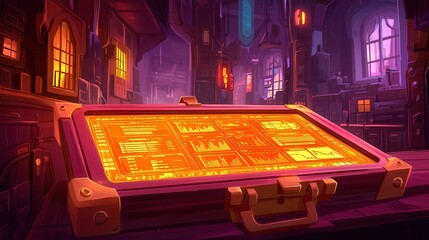 Poster - Futuristic room with glowing data screens in a cyberpunk setting.