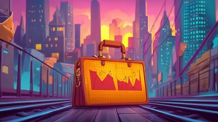 Poster - A colorful briefcase with charts in a modern cityscape at sunset, representing business success and urban life.