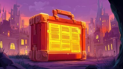 Poster - A vibrant suitcase glowing in a stylized urban landscape with tall buildings.