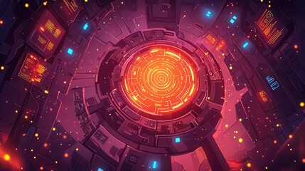 Poster - A vibrant digital illustration of a futuristic control center with glowing elements and intricate patterns.