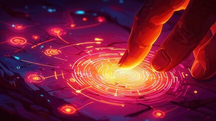 Poster - A glowing digital interface being activated by a hand, showcasing futuristic technology in vibrant colors.