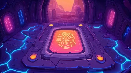 Poster - A vibrant animated portal within a mysterious cave, featuring glowing designs and an orange circular pattern, suggesting a fantasy setting.
