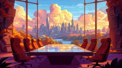Poster - A stunning view of a futuristic city from a conference room with a glass table and sunset clouds.