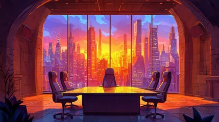 Poster - A vibrant office meeting room with a stunning city skyline at sunset featuring futuristic buildings.
