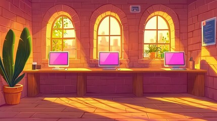 Poster - A cozy workspace with three monitors and plants, illuminated by warm sunlight streaming through arched windows.