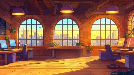 Poster - A cozy office interior with large windows showcasing a city skyline at sunset in a warm color palette.