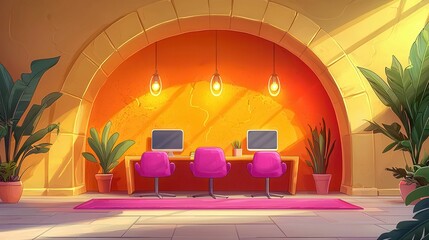 Poster - Stylish workspace with two computers and colorful chairs, set in a warm atmosphere with plants.