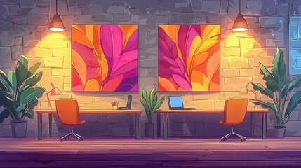 Poster - A vibrant office space with colorful artwork on the walls and plants indoors, showcasing a modern workspace design.
