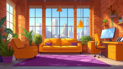 Poster - Bright, cozy living room with large windows showcasing a modern cityscape, featuring plants and orange furniture.