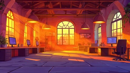 Poster - A cozy, warm-lit office interior with sunlight streaming through large windows in a cartoon style.