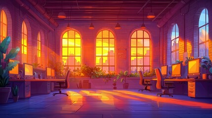Poster - A vibrant office interior at sunset with plant decor and warm lighting in a modern architectural setting.