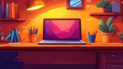 Poster - A cozy workspace featuring a laptop on a desk with plants and stationery, set in a warm ambient environment.