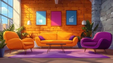 Poster - A cozy interior featuring colorful couches and decor in an inviting room.