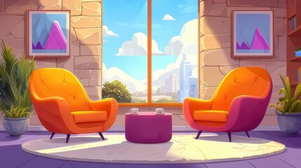 Poster - A cozy seating area with vibrant orange and purple chairs, showcasing a bright city view with mountains in a stylish interior.