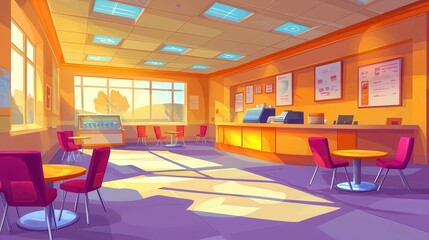 Poster - A bright and welcoming interior of a modern café with warm tones and natural light.