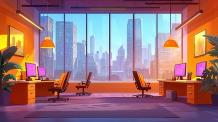 Poster - A bright office space with large windows overlooking a city skyline, featuring modern furniture and colorful decor.