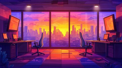 Poster - A vibrant office scene showcasing a sunset view over a city skyline, highlighting a modern work environment.
