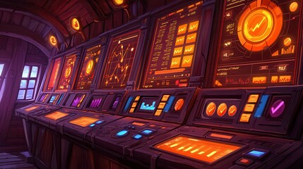 Poster - A vibrant control room filled with colorful monitors displaying various data and graphs.