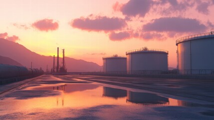 Poster - Large oil storage tanks at sunset reflecting on water near an industrial area with mountains in the background. Generative AI