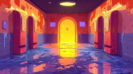 Poster - A colorful hallway with orange and blue water effects, featuring vending machines on the sides.