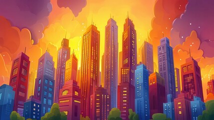 Poster - A colorful city skyline at sunset with vibrant buildings and an animated style.