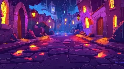 Poster - A colorful, animated street scene featuring cobblestone roads and glowing windows in a rainy atmosphere.