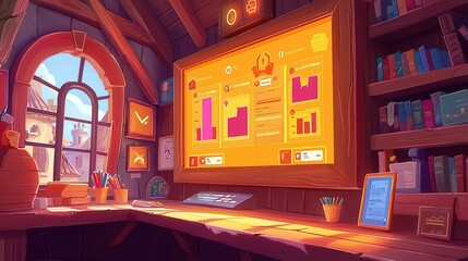 Poster - Cozy workspace with colorful charts and graphs displayed on a screen.