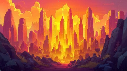 Poster - A vibrant sunset cityscape with towering structures and dramatic colors in a stylized graphic style.