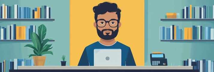 Wall Mural - Illustration of a Man with Glasses Sitting at a Desk with Laptop, Surrounded by Bookshelves, in a Modern and Colorful Workspace Setting