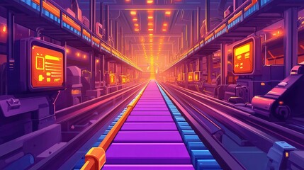 Poster - A vibrant and futuristic factory interior with glowing lights and colorful conveyor belts.