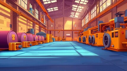 Poster - A colorful industrial warehouse with machinery and equipment set in a bright, animated style.