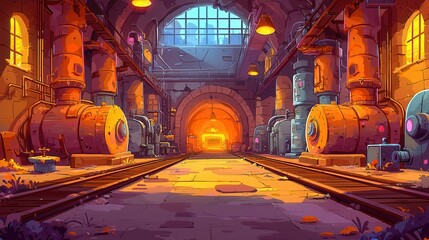 Poster - A vibrant industrial scene featuring pipes and machinery illuminated by warm lights in a cartoonish style.