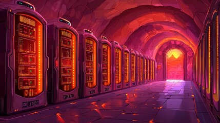 Poster - Futuristic server room with glowing data racks in a cave-like environment.