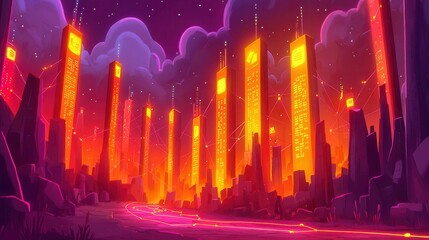 Poster - Futuristic cityscape with glowing skyscrapers and a vibrant sky at night.